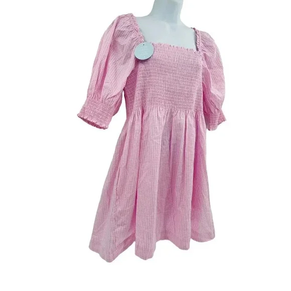 Hill House Athena Nap Dress Size XL Pink Gingham Puff Sleeve Square Neck - Picture 3 of 12